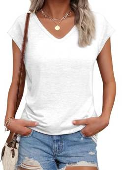 SMENG Tshirt Damen Solid Kurzarm Tops Teenager Mädchen V Ausschnitt Basic Shirt Oberteil Frauen Sommer T-Shirts Elegant Tshirt Damen Weiss L von SMENG