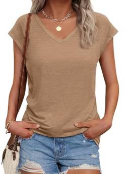 SMENG t Shirt Kurzarm Damen Trendige Oberteile Sommer Blickdicht modern v Ausschnitt sexy Leichter Pullover sportsachen Rocker College Sale Khaki S von SMENG