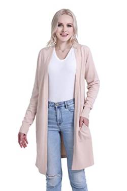 SMILING PINKER Damen Strickjacke Lang Leicht Langarm Offen Strickmantel mit Taschen(Hellbraun,Large) von SMILING PINKER