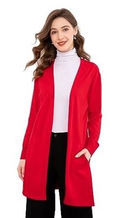 SMILING PINKER Damen Strickjacke Lang Leicht Langarm Offen Strickmantel mit Taschen(Rot,S) von SMILING PINKER