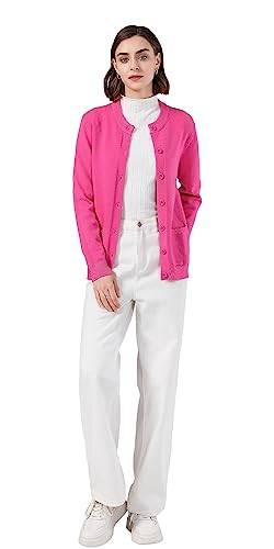 SMILING PINKER Damen Strickjacke Langarm Cardigan Warm Rundhals Strickweste Jacke mit Knopfleiste und Taschen(Heißes Rosa,3XL) von SMILING PINKER