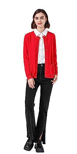 SMILING PINKER Damen Strickjacke Langarm Cardigan Warm Rundhals Strickweste Jacke mit Knopfleiste und Taschen(Rot,M) von SMILING PINKER