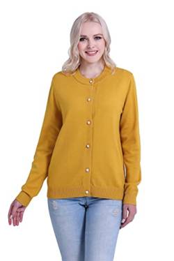 SMILING PINKER Damen Strickjacke Langarm Rundhals Cardigan Mittelschwere Weich Pullover Jacke mit Perle Knopf(Mustard,L) von SMILING PINKER