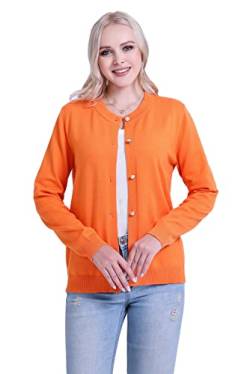 SMILING PINKER Damen Strickjacke Langarm Rundhals Cardigan Mittelschwere Weich Pullover Jacke mit Perle Knopf(Orange,XL) von SMILING PINKER