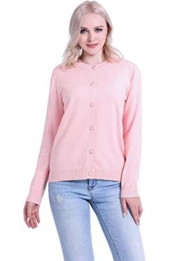 SMILING PINKER Damen Strickjacke Langarm Rundhals Cardigan Mittelschwere Weich Pullover Jacke mit Perle Knopf(Rosa,S) von SMILING PINKER