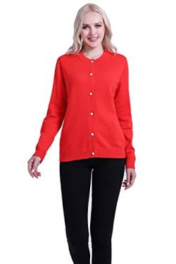 SMILING PINKER Damen Strickjacke Langarm Rundhals Cardigan Mittelschwere Weich Pullover Jacke mit Perle Knopf(Rot,XXL) von SMILING PINKER