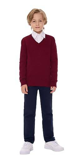 SMILING PINKER Jungen Pullover V-Ausschnitt Uniform Langärmelig Stricken Basic Sweater(Burgund,11-12 Jahre) von SMILING PINKER