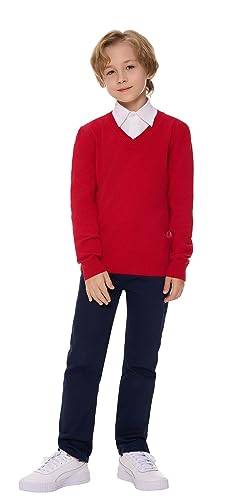 SMILING PINKER Jungen Pullover V-Ausschnitt Uniform Langärmelig Stricken Basic Sweater(Rot,7-8 Jahre) von SMILING PINKER