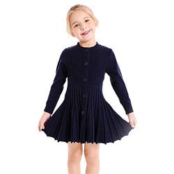 SMILING PINKER Kinder Mädchen Plissee Kleid Langarm Knopfleiste Schule Strickpullover Kleider, marineblau, 5-6 Jahre von SMILING PINKER