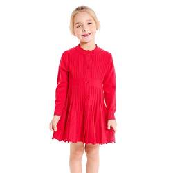 SMILING PINKER Kinder Mädchen Plissee Kleid Langarm Knopfleiste Schule Strickpullover Kleider, rot, 3-4 Jahre von SMILING PINKER