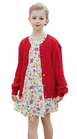 SMILING PINKER Mädchen Aran Strickjacke Jungen Kinder Gestrickt Rundhals Baumwolle Grobe Pullover Jacke mit Knopf(Rot,3-4Jahre) von SMILING PINKER