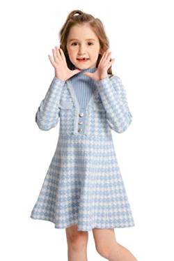 SMILING PINKER Mädchen Kleid Mock Neck Hahnentritt Stehkragen Party Strickkleid(5-6 Jahre,Blau) von SMILING PINKER