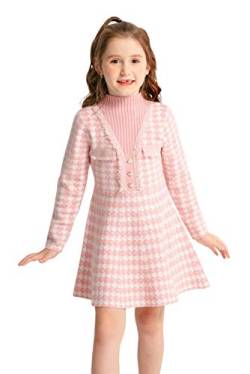 SMILING PINKER Mädchen Kleid Mock Neck Hahnentritt Stehkragen Party Strickkleid(8-9 Jahre,Rosa) von SMILING PINKER