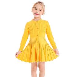 SMILING PINKER Mädchen Kleider Langarm Strickkleid Plissee Röcke Einfarbig Basic Herbst Winter Kleid(Gelb,3-4 Jahre) von SMILING PINKER