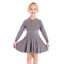 SMILING PINKER Mädchen Kleider Langarm Strickkleid Plissee Röcke Einfarbig Basic Herbst Winter Kleid(Grau,3-4 Jahre) von SMILING PINKER