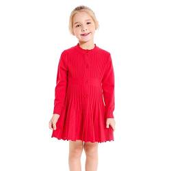 SMILING PINKER Mädchen Kleider Langarm Strickkleid Plissee Röcke Einfarbig Basic Herbst Winter Kleid(Rot,10-12 Jahre) von SMILING PINKER