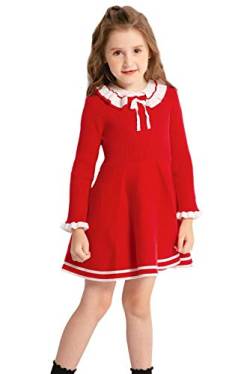 SMILING PINKER Mädchen Kleider Langarm Strickkleid Rüsche Bowknot Pulloverkleid(3-4 Jahre,Rot) von SMILING PINKER