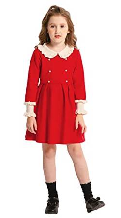 SMILING PINKER Mädchen Pullover Kleid Langarm Rüschen Kragen Rüschenbündchen Strickkleid(6-7 Jahre,Rot) von SMILING PINKER