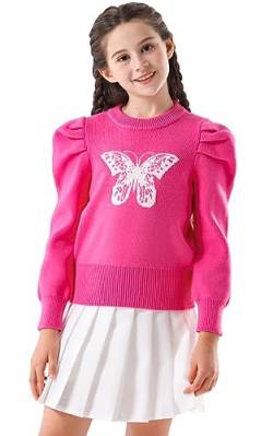 SMILING PINKER Mädchen Pullover mit Puffärmeln Schmetterling Kamelie Rundhalsausschnitt Strick Kurz Oberteil Kinder Warm Pulli(Heißes Rosa,6-7 Jahre) von SMILING PINKER