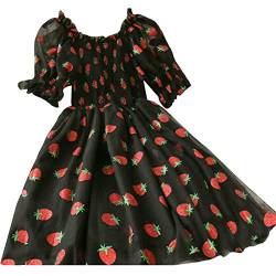 Damen Casual Erdbeere Kleid Sommer Sexy V Ausschnitt Maxikleid Mesh Tüll Fee Kleid Cottagecore Kleidung, Schwarz , Einheitsgröße von SMIMGO