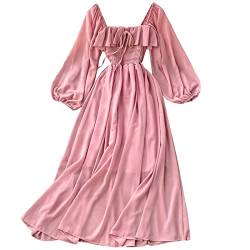 Damen Casual Puffärmel Ballkleid Sommer süße Fee Maxikleid Cottagecore Kleidung, rose, Einheitsgröße von SMIMGO