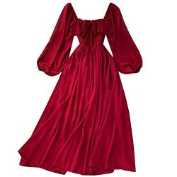 Damen Casual Puffärmel Ballkleid Sommer süße Fee Maxikleid Cottagecore Kleidung, rot, Einheitsgröße von SMIMGO