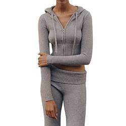 Damen Sommer Strick 2-teilige Outfits Y2K Reißverschluss Strick Crop Top Unterteil Zweiteiliges Set Trainingsanzug Loungewear Niedlich Strick Kapuzenpullover Sweatshirts mit Hose, grau, S von SMIMGO