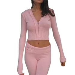 Damen Sommer Strick 2-teilige Outfits Y2K Reißverschluss Strick Crop Top Unterteil Zweiteiliges Set Trainingsanzug Loungewear Niedlich Strick Kapuzenpullover Sweatshirts mit Hose, rose, M von SMIMGO