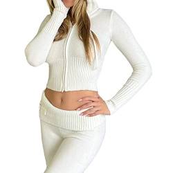 Damen Sommer Strick 2-teilige Outfits Y2K Reißverschluss Strick Crop Top Unterteil Zweiteiliges Set Trainingsanzug Loungewear Niedlich Strick Kapuzenpullover Sweatshirts mit Hose, weiß, S von SMIMGO