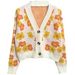 Damen Strickpullover Strickcardigan Blumen V-Ausschnitt Langarm Mädchen Süße Vintage Casual Jacke Y2k Pullover, 002-b, Einheitsgr��e von SMIMGO