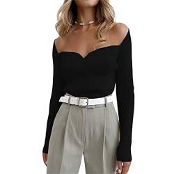 Damen Sweetheart Neck Knit Sweater Solid Sexy Slim Fit Gerippter Pullover Langarm Stretch Pullover Crop Top Streetwear, Schwarz , S von SMIMGO