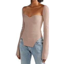 Damen Sweetheart Neck Knit Sweater Solid Sexy Slim Fit Gerippter Pullover Langarm Stretch Pullover Crop Top Streetwear, Y Khaki, L von SMIMGO