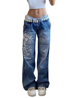 Damen Y2K High Waisted Jeans Gothic Baggy Denim Jeans Lose Punk Gerade Hose Wide Leg Jeans E-Girl Ästhetische Streetwear (Farbe: Blau, Größe: M) von SMIMGO