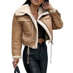 Klassische Damenjacke aus Kunstleder, PU-Jacke schmale Passform Kurze Jacke Damen stilvolle Jacke mit Reißverschluss Kunstlederjacke lässig langärmelig Wildlederimitat Shearling-Mantel von SMIMGO