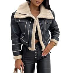 Klassische Damenjacke aus Kunstleder, PU-Jacke schmale Passform Kurze Jacke Damen stilvolle Jacke mit Reißverschluss Kunstlederjacke lässig langärmelig Wildlederimitat Shearling-Mantel von SMIMGO