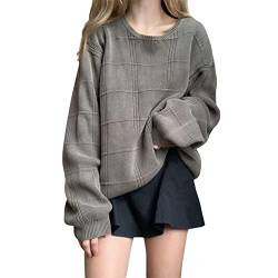 SMIMGO Argyle Plaid Y2k Strickpullover Pullover Oversized Vintage Braun V-Ausschnitt Pullover Sweater Gestrickte Ästhetische Kleidung für Frauen, grau, M von SMIMGO