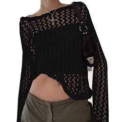 SMIMGO Damen-Häkelpullover, Y2K, Crop-Top mit langem Arm, lockeres Sommer-Oberteil, Cover-up, Streetwear-Outfit, C-Schwarz, Größe L von SMIMGO