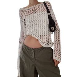 SMIMGO Damen-Häkelpullover, Y2K, Crop-Top mit langem Arm, lockeres Sommer-Oberteil, Cover-up, Streetwear-Outfit, C-Weiß, Größe L von SMIMGO