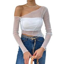 SMIMGO Damen-Häkelpullover, Y2K, Crop-Top mit langem Arm, lockeres Sommer-Oberteil, Cover-up, Streetwear-Outfit, N-Weiß, Größe M von SMIMGO