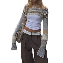 SMIMGO Damen-Häkelpullover, Y2K, Crop-Top mit langem Arm, lockeres Sommer-Oberteil, Cover-up, Streetwear-Outfit, O-Khaki, Größe S von SMIMGO