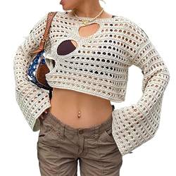 SMIMGO Damen-Häkelpullover, Y2K, Crop-Top mit langem Arm, lockeres Sommer-Oberteil, Cover-up, Streetwear-Outfit, Weiß, Größe S von SMIMGO