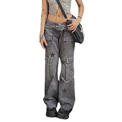 SMIMGO Damen-Jeans mit niedriger Taille, Y2K, lässige Sterne-Print-Hose, gerade, lässige Baggy-Hose mit Taschen, Streetwear, Grau 1, 31-35 von SMIMGO