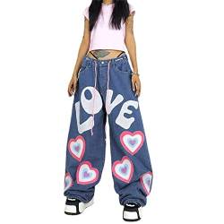 SMIMGO Damen-Jeans mit niedriger Taille, Y2K, lässige Sterne-Print-Hose, gerade, lässige Baggy-Hose mit Taschen, Streetwear, hellblau, 34-37 von SMIMGO