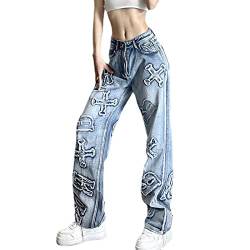 SMIMGO Damen Y2K Baggy Jeans Gothic Niedrige Taille Denim Flare Hose Weit Gerades Bein Lose Hose Streetwear (Farbe: H1, Größe: L) von SMIMGO