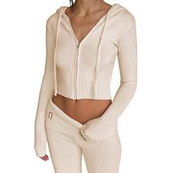 SMIMGO Y2K Damen Sommer gestrickte 2-teilige Outfits mit Reißverschluss gestricktes Crop Top Bottom Zweiteiliges Set Trainingsanzug Loungewear Niedlich gestrickte Kapuzen-Sweatshirts mit Hose, von SMIMGO