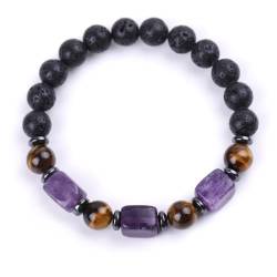 SMTSEC 8mm Vulkanstein Armband Quadratisches Amethyst Stretch Armband Gelbes Tigerauge Perlen Armbandfür Männer und Frauen Naturstein Perlen Yoga Armband von SMTSEC