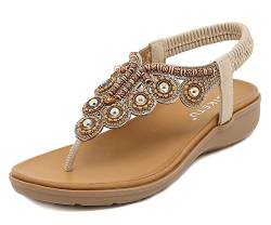 SMajong Damen Sommer Sandalen mit Strass Perlen Frauen Bohemian Sandals Freizeit Strand Sandalette Plattform Flip Flops B Beige 39 EU von SMajong