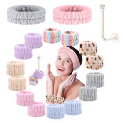 SNAILGARDEN 14-teiliges Korallen-Fleece-Gesichtswaschband und Stirnband-Set für Damen, Spa – Handtuch-Haargummis zum Waschen des Gesichts, inklusive Aufbewahrungsregal, mehrere Farben, wasserdicht und von SNAIL GARDEN