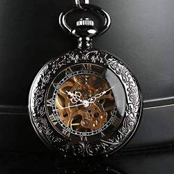Männer Antike Taschenuhr Schwarz SteamSkeleton Mechanische Marke Halskette Tasche & Uhren Kette Männliche Uhr Taschenuhr von SNEN-ESDG