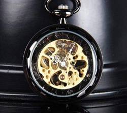 Vintage Schwarze Uhr Halskette SteamSkeleton mechanische Taschenuhr Uhr Anhänger Handaufzug Männer Frauen Kette Geschenk Taschenuhr von SNEN-ESDG